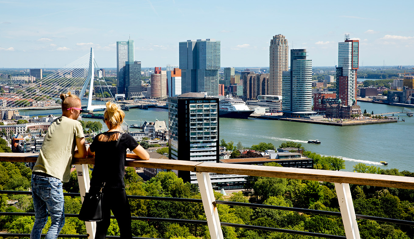 Visitors view Rotterdam skyline from Euromast